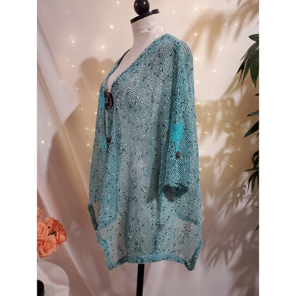 Kaktus Womens Open Knit Wood Button Cardigan Topper Size 2X Lagenlook Artsy Blue - Picture 2 of 12